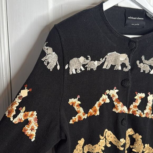 Michael Simon Vintage Sequined Safari Animal 3/4 Sleeve Cardigan W1555 Sz L - Picture 2 of 11